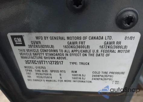 2001 GMC Sierra 1500 Sle z USA, uszkodzony, nr VIN 2GTEC19T711272017